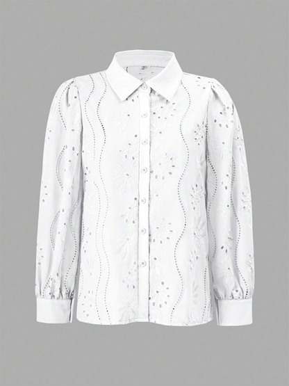 Single Breasted Solid Color Embroidered Long Sleeve Lapel Shirt