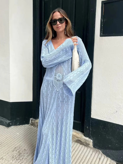 Vacation Style Long Sleeve Knit Maxi Dress