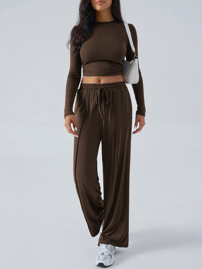 Crew Neck Long Sleeve Top Wide Leg Pants Set
