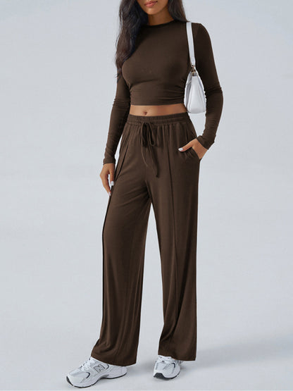 Crew Neck Long Sleeve Top Wide Leg Pants Set