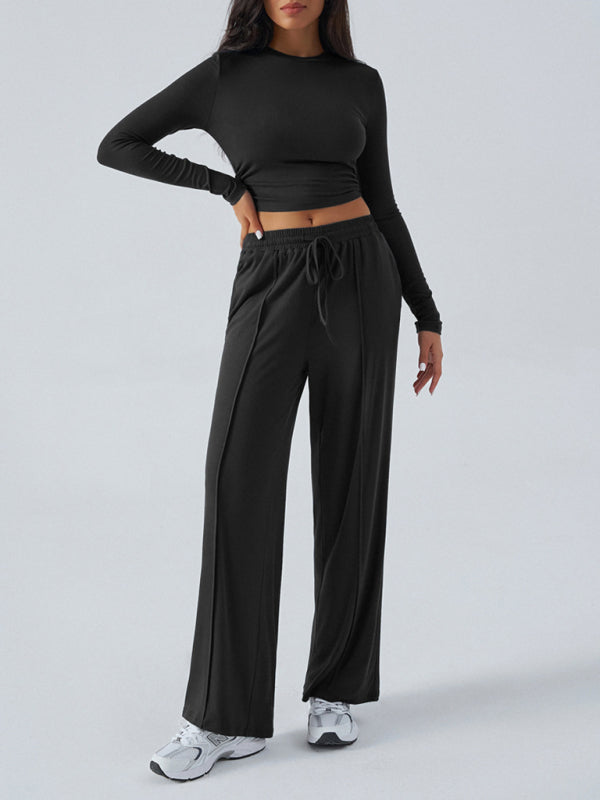 Crew Neck Long Sleeve Top Wide Leg Pants Set