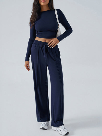 Crew Neck Long Sleeve Top Wide Leg Pants Set