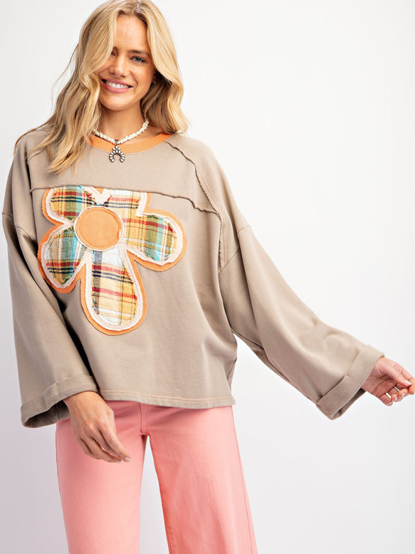 Colorblock Floral Patch Top Casual Loose Sweatshirt