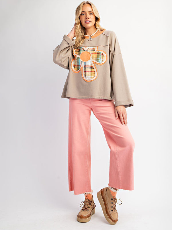 Colorblock Floral Patch Top Casual Loose Sweatshirt