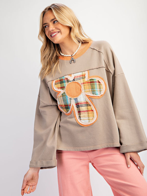 Colorblock Floral Patch Top Casual Loose Sweatshirt