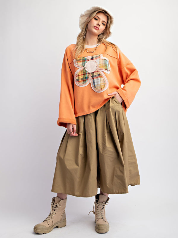 Colorblock Floral Patch Top Casual Loose Sweatshirt