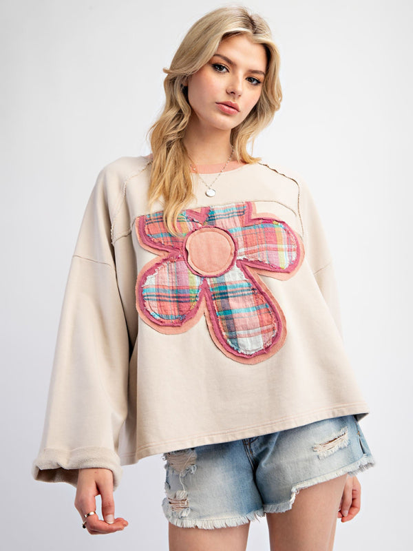 Colorblock Floral Patch Top Casual Loose Sweatshirt