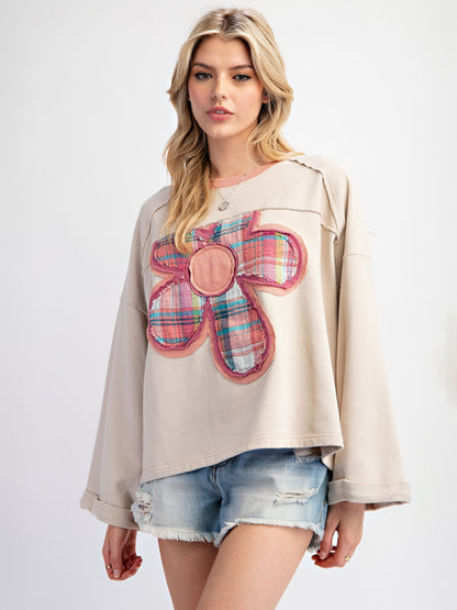 Colorblock Floral Patch Top Casual Loose Sweatshirt