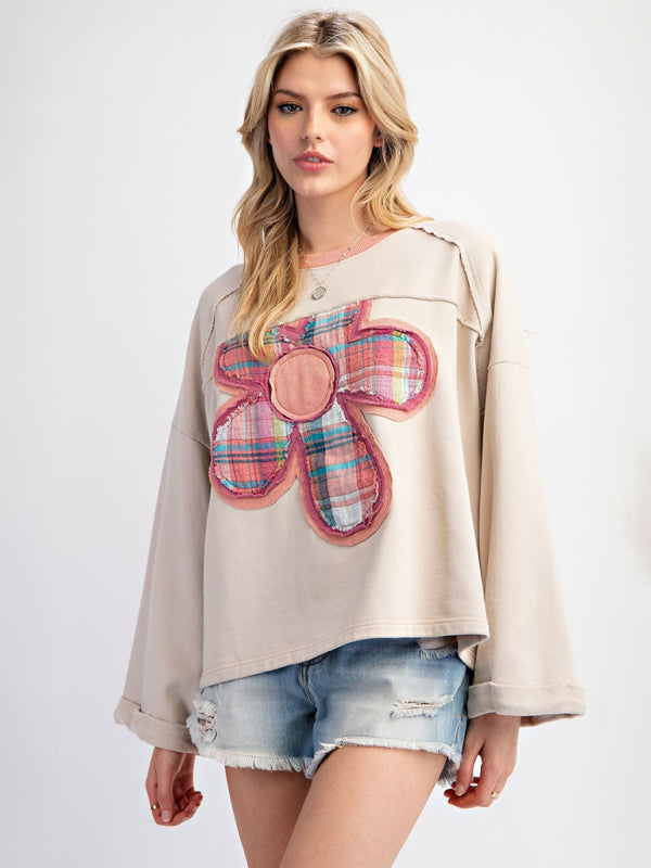 Colorblock Floral Patch Top Casual Loose Sweatshirt