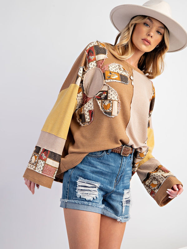 Contrast Print Waffle Top Casual Loose Sweatshirt