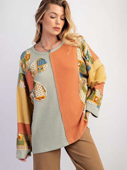 Contrast Print Waffle Top Casual Loose Sweatshirt