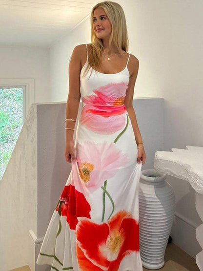 Floral Printed Suspender Backless Sexy Long Maxi Dress