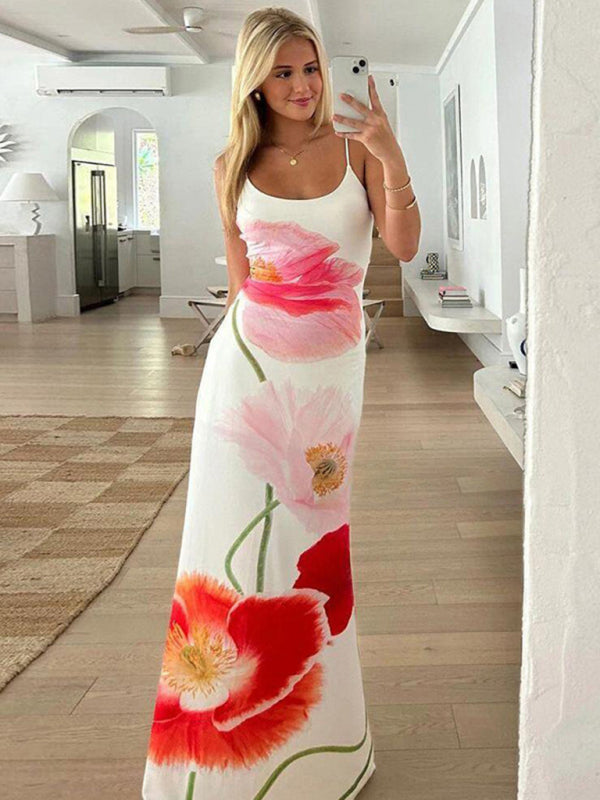 Floral Printed Suspender Backless Sexy Long Maxi Dress