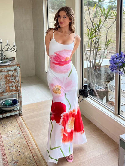 Floral Printed Suspender Backless Sexy Long Maxi Dress