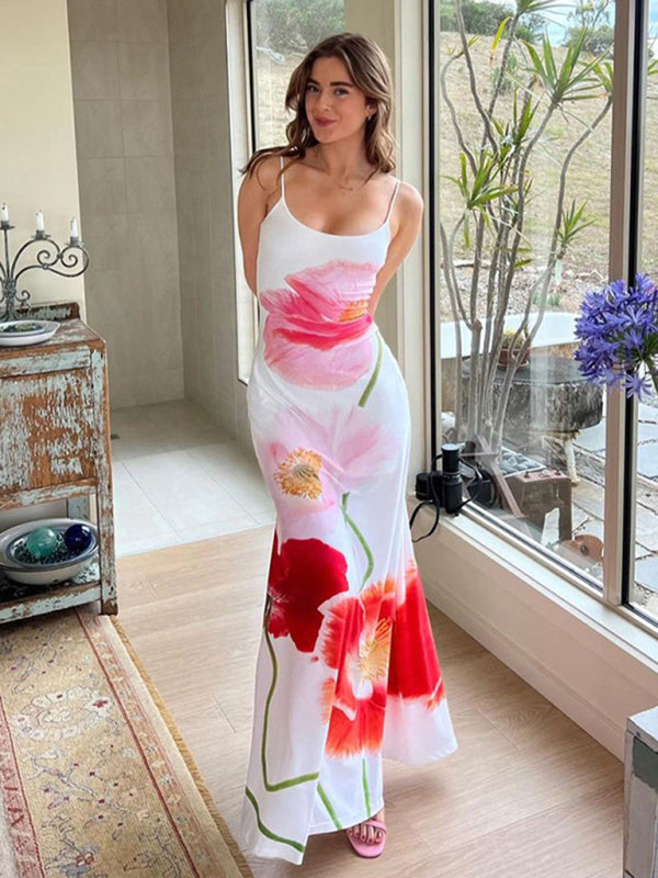 Floral Printed Suspender Backless Sexy Long Maxi Dress