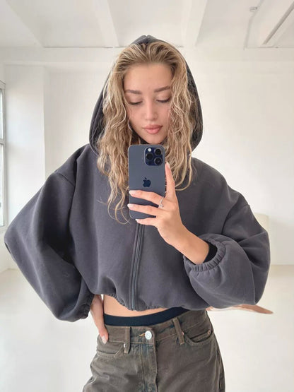 Cropped Solid Color Long Sleeve Zipper Hoodie Sweatshirt