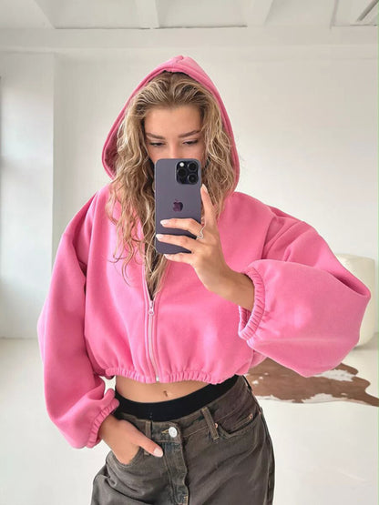 Cropped Solid Color Long Sleeve Zipper Hoodie Sweatshirt