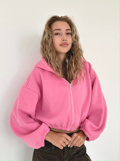 Cropped Solid Color Long Sleeve Zipper Hoodie Sweatshirt