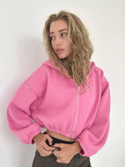 Cropped Solid Color Long Sleeve Zipper Hoodie Sweatshirt