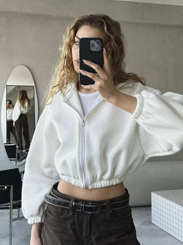 Cropped Solid Color Long Sleeve Zipper Hoodie Sweatshirt