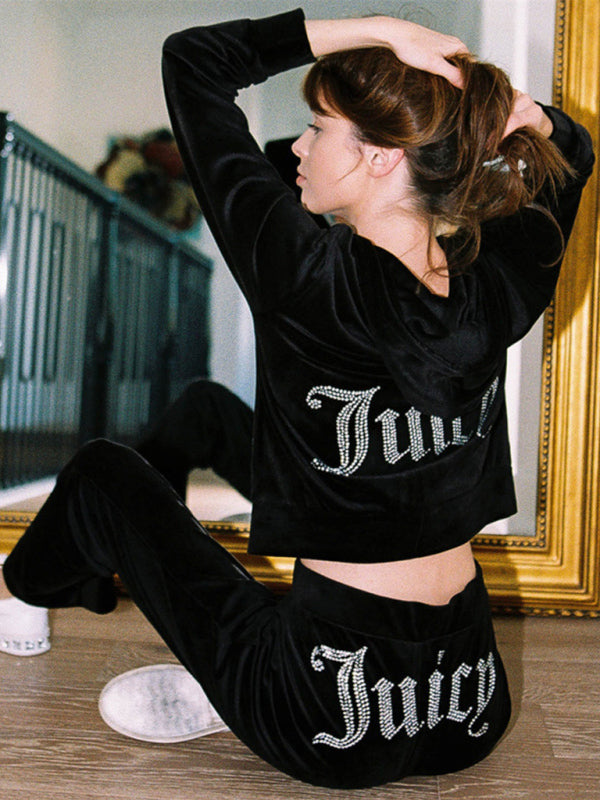 Long-sleeved "Juicy" Print Hooded Sweat Jacket & Sweat Pant Loose Fit Two-piece Set