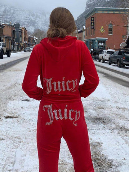 Long-sleeved "Juicy" Print Hooded Sweat Jacket & Sweat Pant Loose Fit Two-piece Set