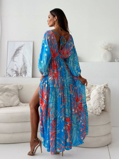 Sexy Deep-V Multi-color Printed Slit Dress with Three-quarter Sleeves