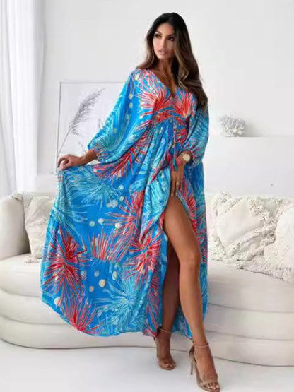 Sexy Deep-V Multi-color Printed Slit Dress with Three-quarter Sleeves