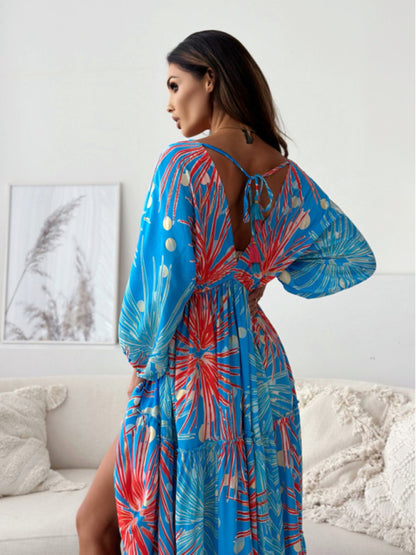 Sexy Deep-V Multi-color Printed Slit Dress with Three-quarter Sleeves