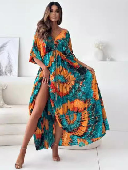 Sexy Deep-V Multi-color Printed Slit Dress with Three-quarter Sleeves