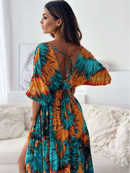 Sexy Deep-V Multi-color Printed Slit Dress with Three-quarter Sleeves