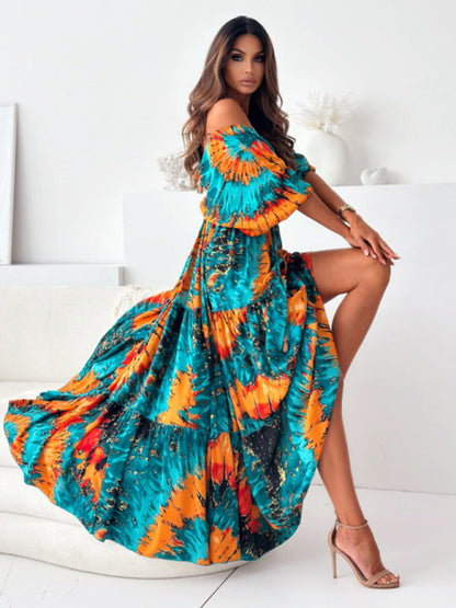 Sexy Deep-V Multi-color Printed Slit Dress with Three-quarter Sleeves