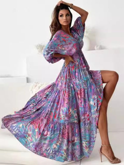 Sexy Deep-V Multi-color Printed Slit Dress with Three-quarter Sleeves