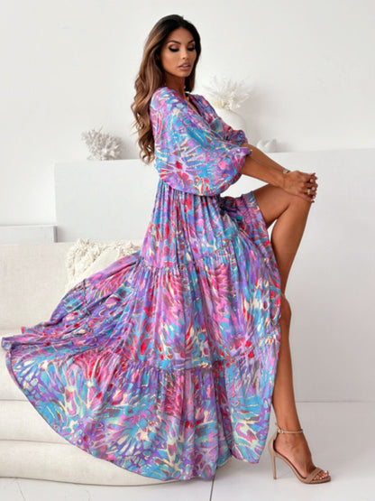 Sexy Deep-V Multi-color Printed Slit Dress with Three-quarter Sleeves