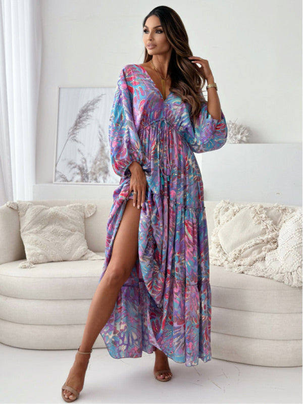 Sexy Deep-V Multi-color Printed Slit Dress with Three-quarter Sleeves