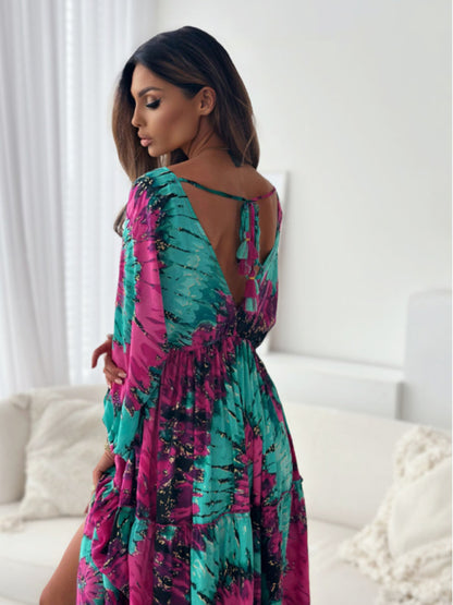 Sexy Deep-V Multi-color Printed Slit Dress with Three-quarter Sleeves