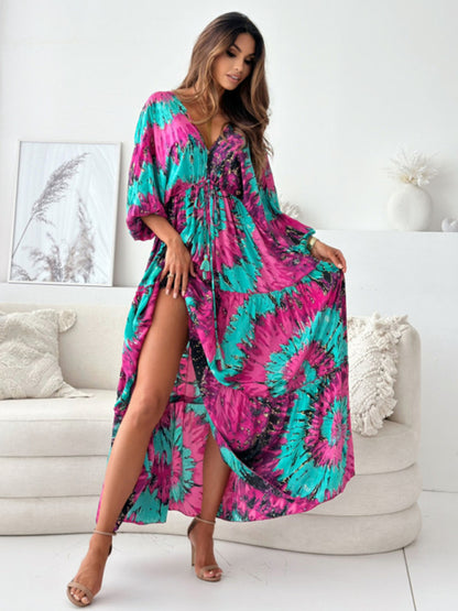 Sexy Deep-V Multi-color Printed Slit Dress with Three-quarter Sleeves