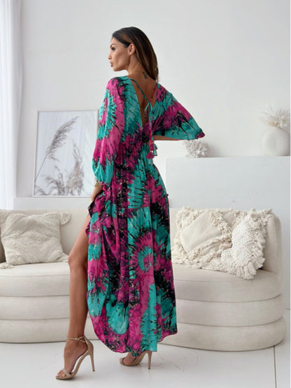 Sexy Deep-V Multi-color Printed Slit Dress with Three-quarter Sleeves