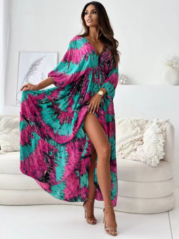 Sexy Deep-V Multi-color Printed Slit Dress with Three-quarter Sleeves