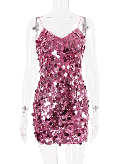 Sequined Halter Round Neck Slim Fit Mini Dress