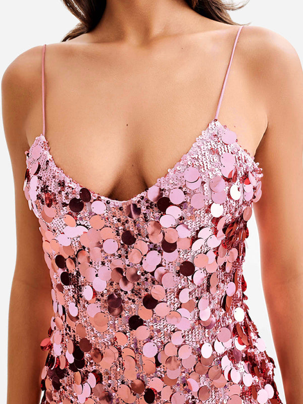 Sequined Halter Round Neck Slim Fit Mini Dress