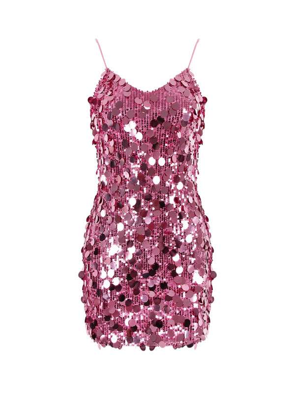 Sequined Halter Round Neck Slim Fit Mini Dress