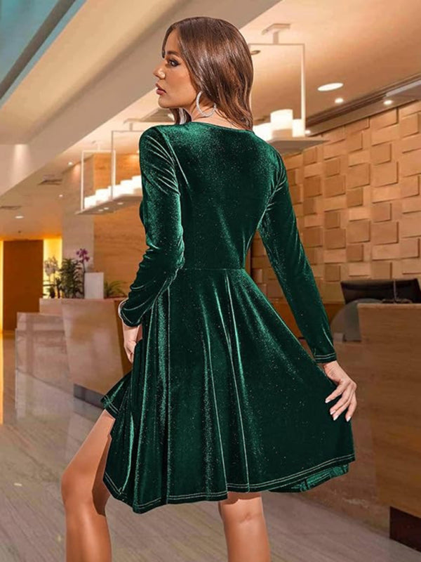 Christmas & New Year Long-sleeve Round Neck Velvet Mini Dress