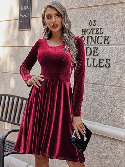 Christmas & New Year Long-sleeve Round Neck Velvet Mini Dress