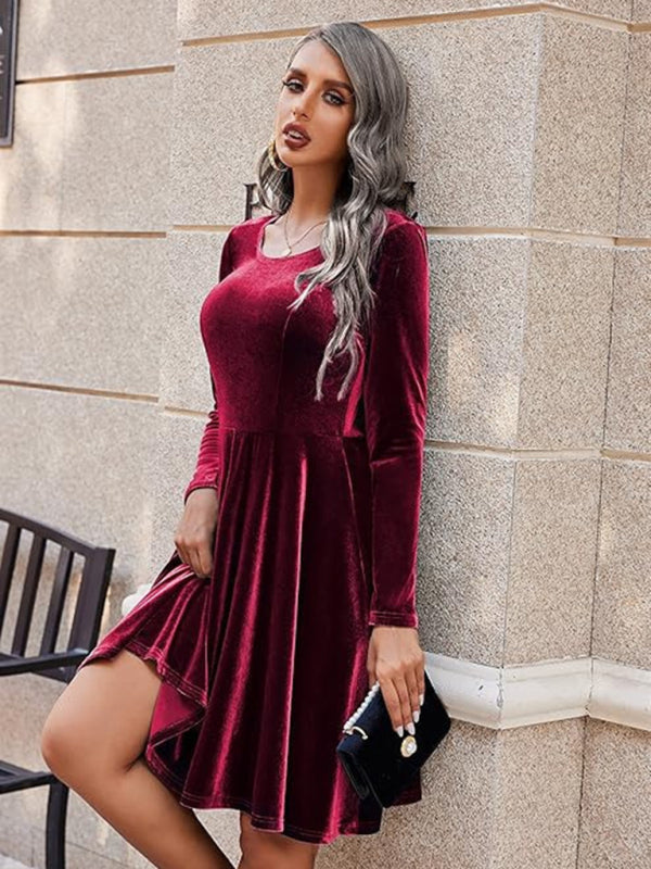 Christmas & New Year Long-sleeve Round Neck Velvet Mini Dress