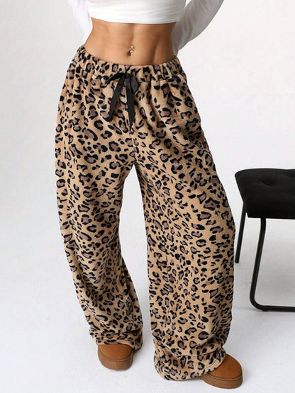 Leopard Print Lace-Up Wide-Leg Casual Pants