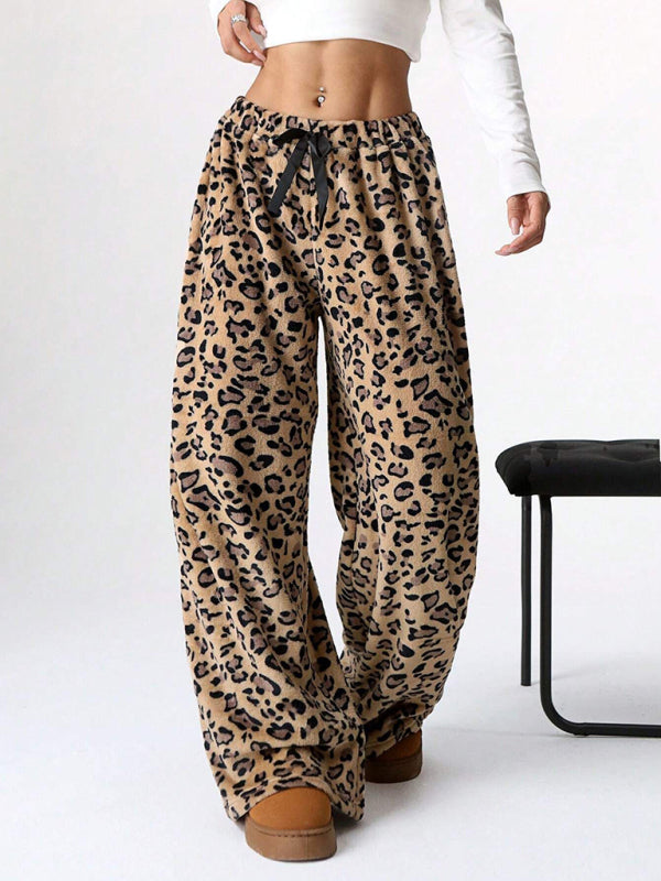 Leopard Print Lace-Up Wide-Leg Casual Pants