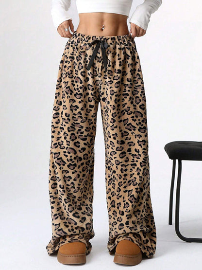 Leopard Print Lace-Up Wide-Leg Casual Pants