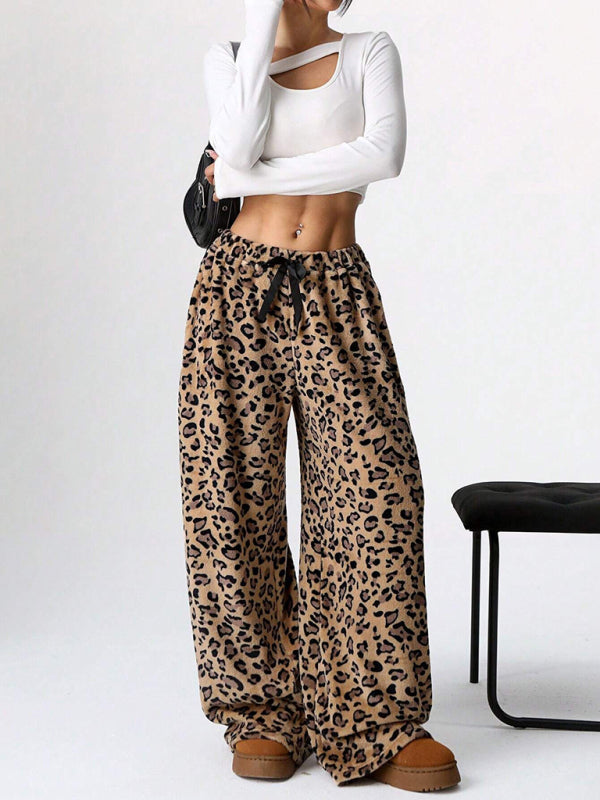 Leopard Print Lace-Up Wide-Leg Casual Pants