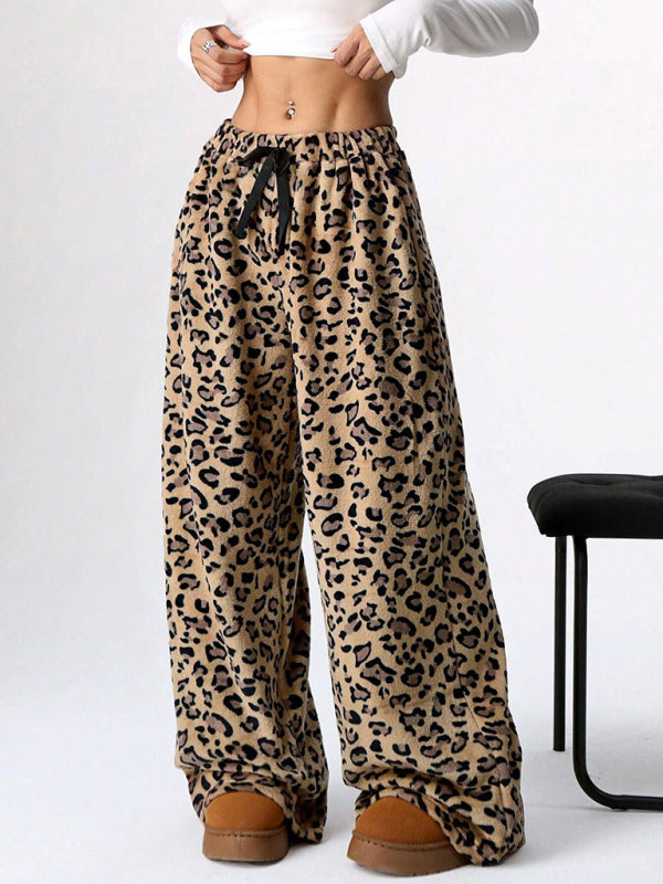 Leopard Print Lace-Up Wide-Leg Casual Pants